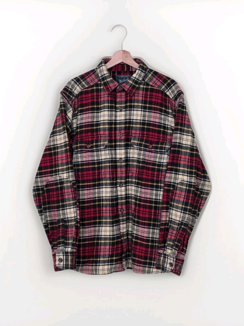 Woolrich Oxbow Bend Shirt Mens L Red Cream Plaid LS Heavyweight Cotton Flannel